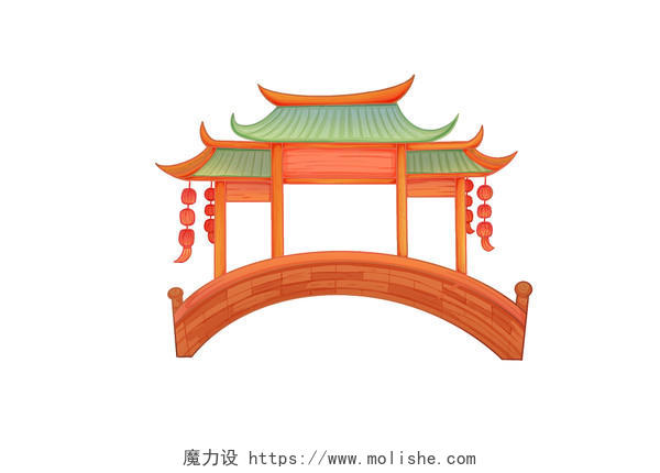 手绘国潮古风中国风建筑古建筑桥梁国潮元素PNG素材